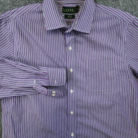 Lauren Ralph Lauren Slim Fit Men's 17 34/35 Purple Green Stripe Button Up Cotton - Picture 2 of 7